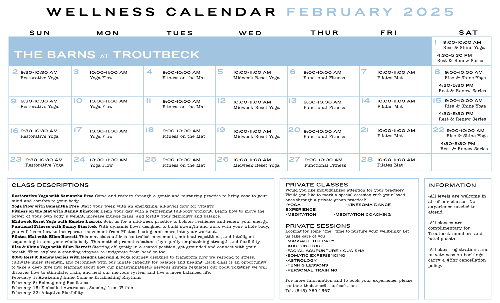 WELLNESS CALENDAR FEBRUARY 2025 Troutbeck, Amenia New York