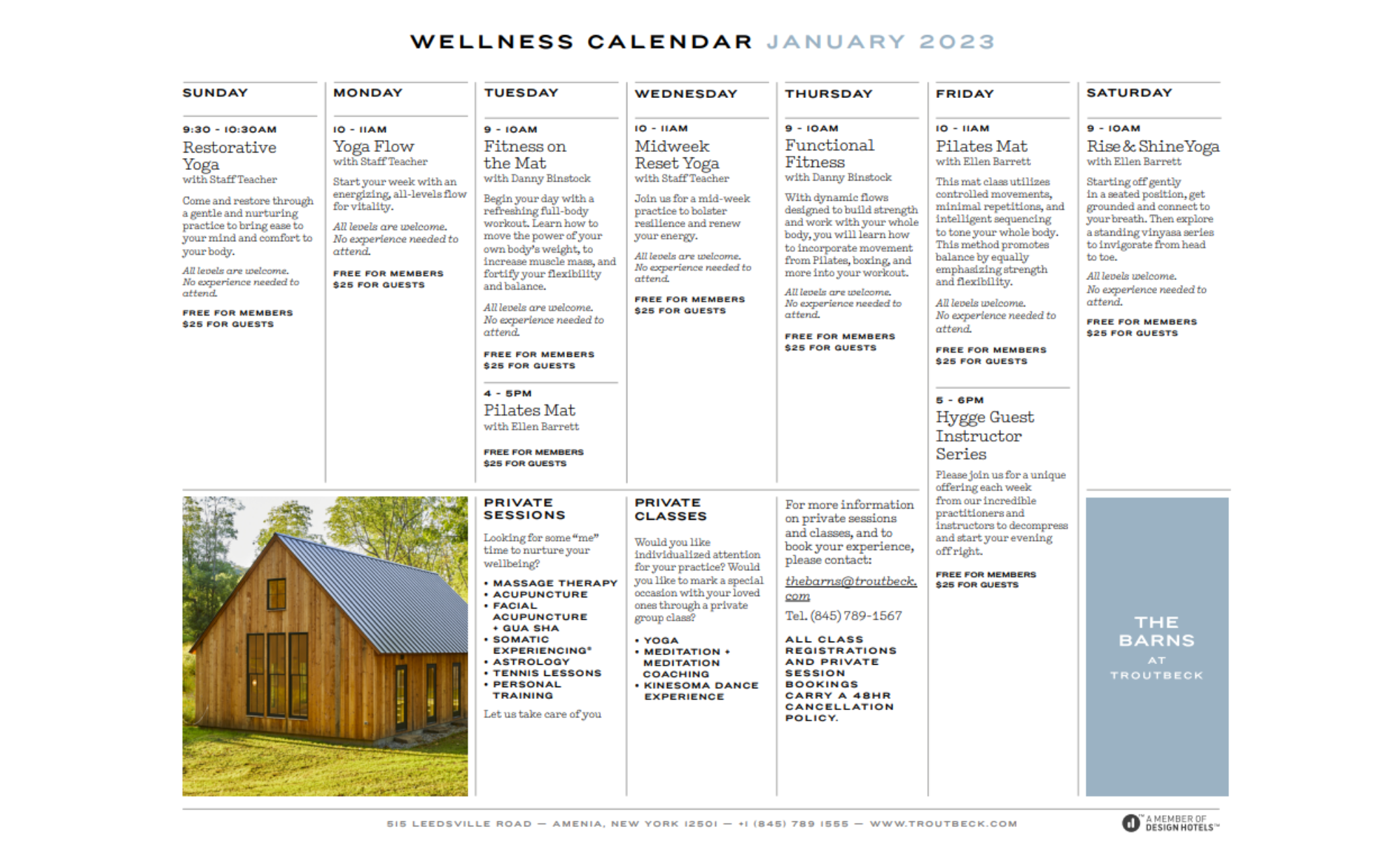 January Wellness Calendar  Troutbeck, Amenia New York