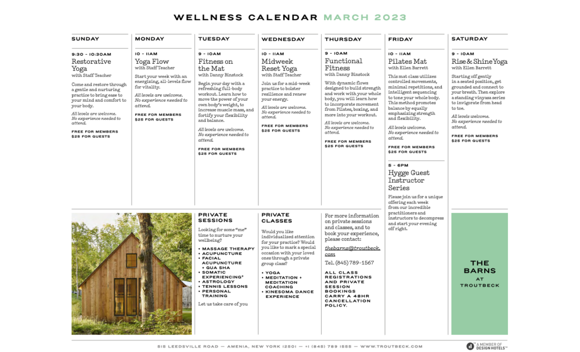 March Wellness Calendar Troutbeck, Amenia New York